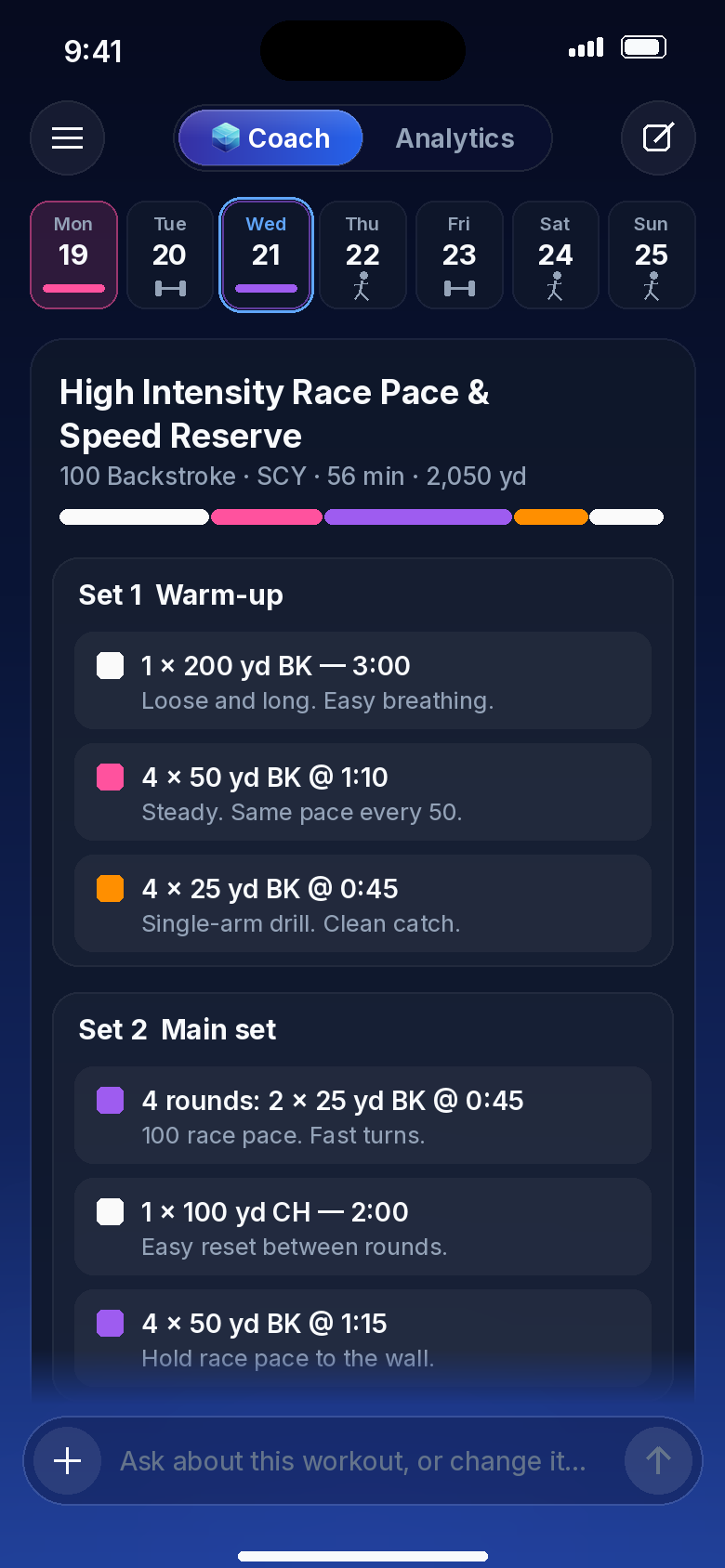 A generated workout on iPhone with send-offs and training zones.