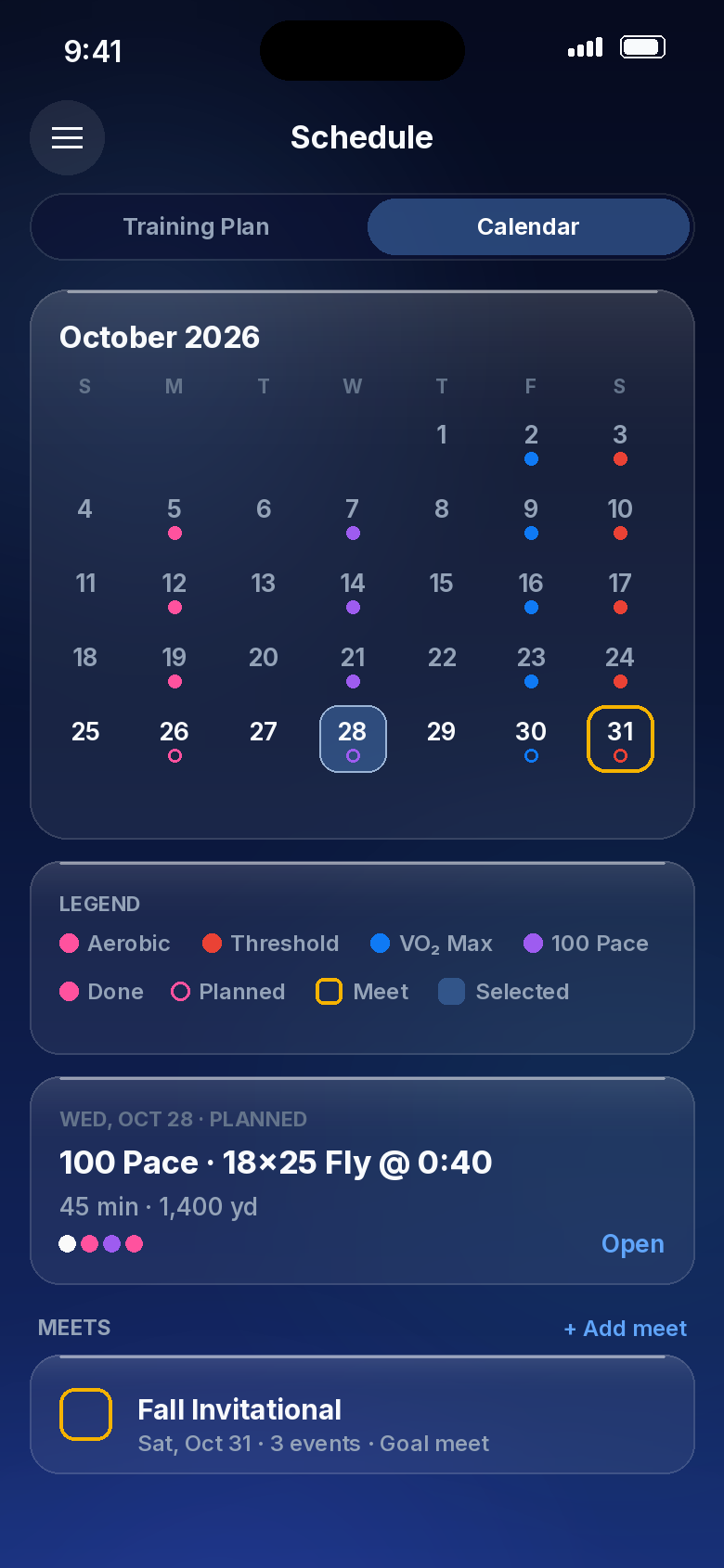 Athylos schedule on iPhone with a meet on the calendar.